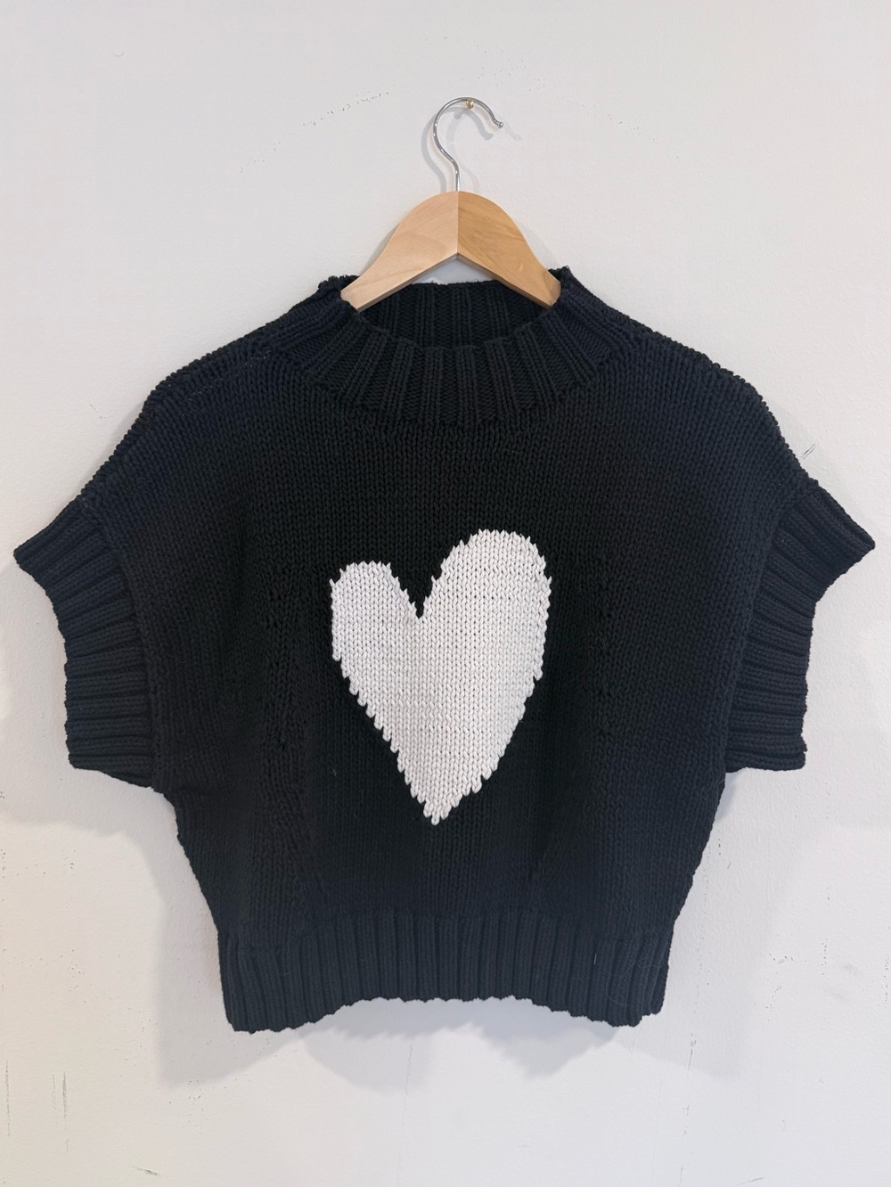Maeve Mock - Neck Black Heart Knit Short-Sleeve Sweater